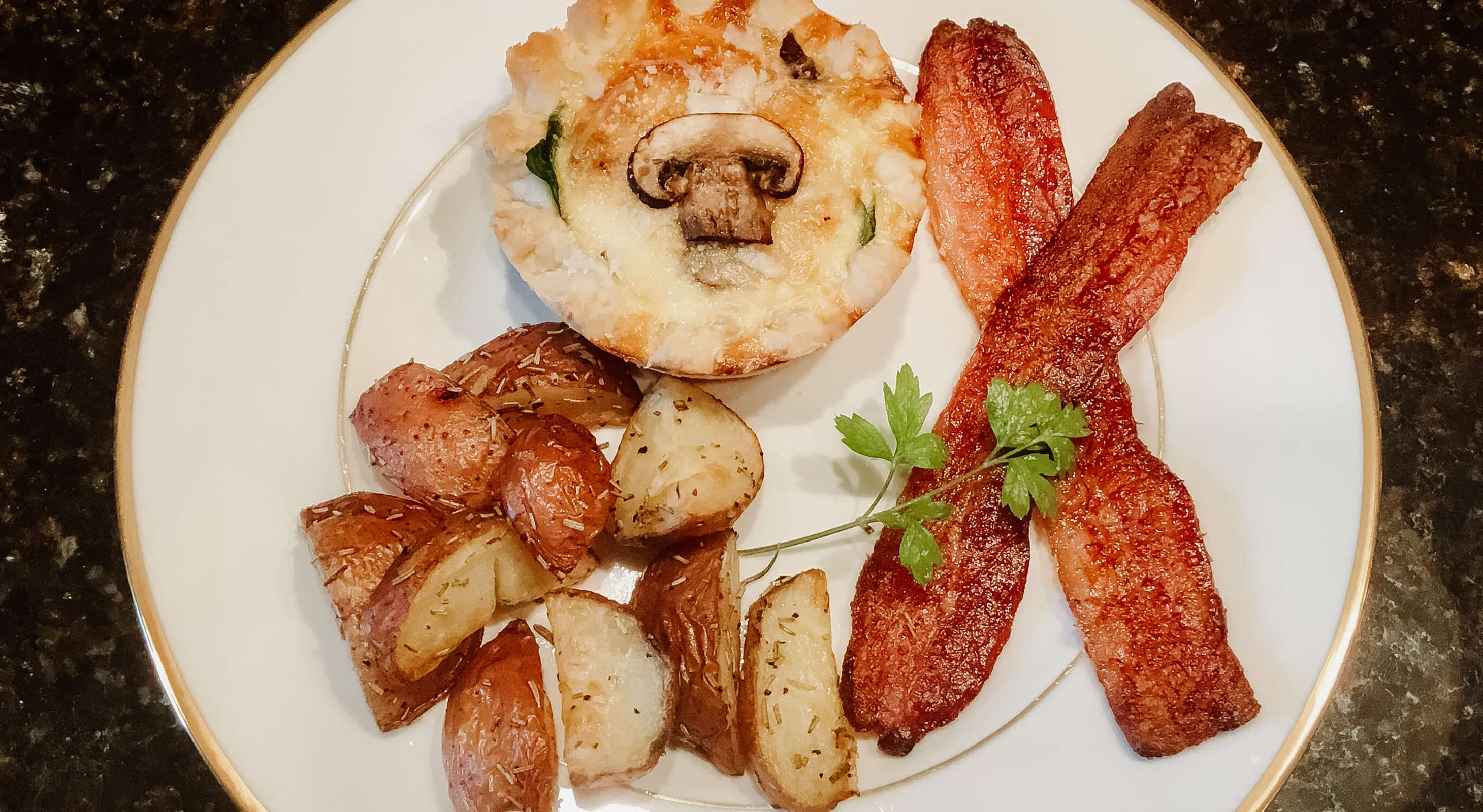 Breakfast of quiche, potatoes and bacon at our Northern Virginia inn