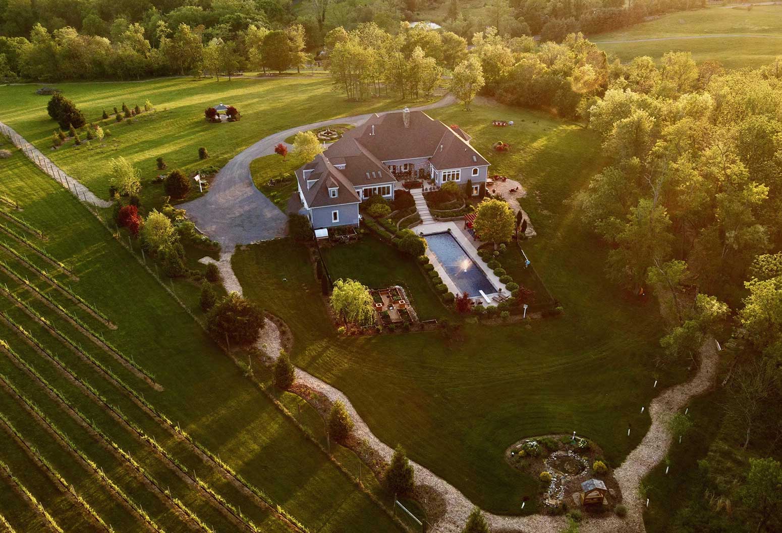 Sunset aerial view of Hidden View Bed and Breakfast in Hillsboro, Virginia